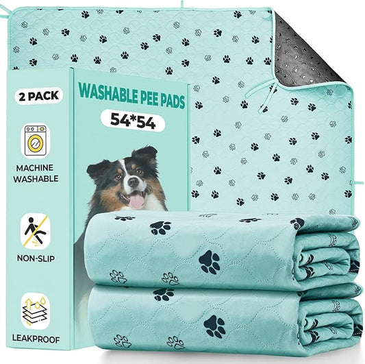Fostanfly Washable Pee Pads for Dogs, 2 Pack Large 54"x54" Ultra-Absorbent and Leak-Proof Non-Slip Reusable Potty Training Pads for Dogs, Cats, Puppy, Potty of Add 8 Lanyards, Green-PawvioPets