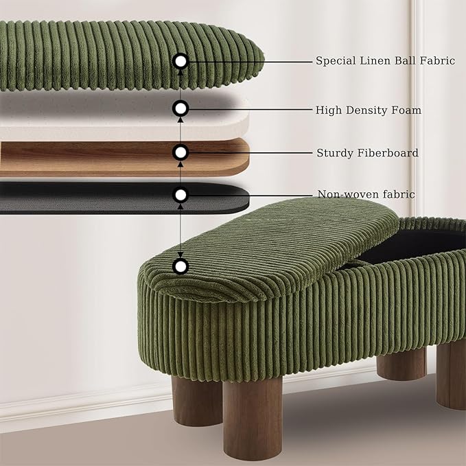 Bench with Storage 43 inch, Upholstered Corduroy Farbic Green Oval Footrest with Hidden Storage, Stool Modern Design Legs for Bedroom, Living Room, and Entryway Furniture Ottoman-PawvioPets