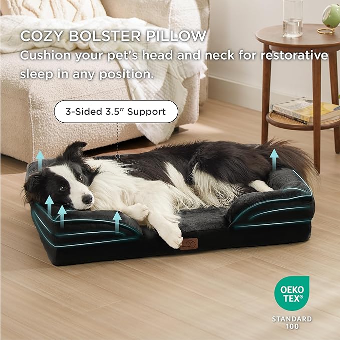 Bedsure Orthopedic Dog Bed for Large Dogs - Big Washable Dog Sofa Beds Large, Supportive Foam Pet Couch Bed with Removable Washable Cover, Waterproof Lining and Nonskid Bottom, Black-PawvioPets