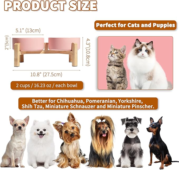 Elevated Ceramic Dog Bowl Set - Raised Feeding Bowls with Non-Slip Bamboo Stand - Small Pet Dishes for Food and Water - Ideal for Cats and Puppies - 16.23 OZ - 2 Cups - 480 ML-PawvioPets