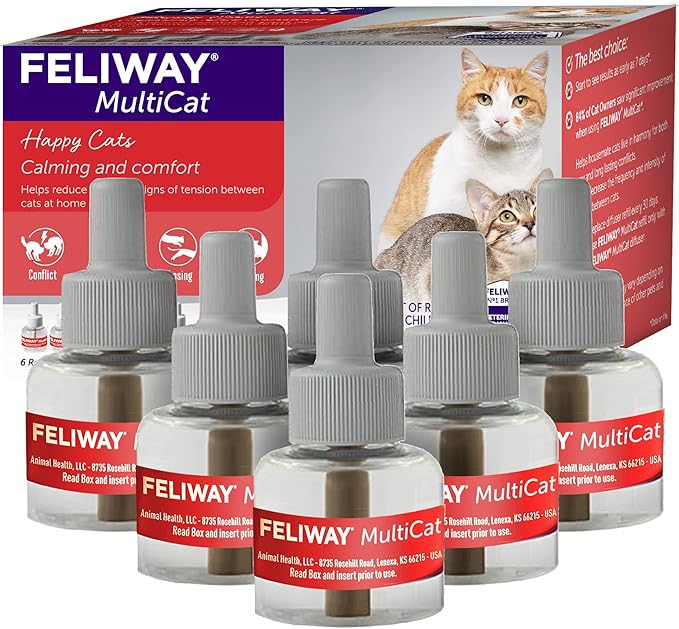 FELIWAY® MultiCat 6 x 30 Day Cat Calming Refills for Pheromone Diffuser, 6 x 48ml Value Pack- Helps Reduce Conflicts and Signs of Tension in Multi-Cat Households-PawvioPets