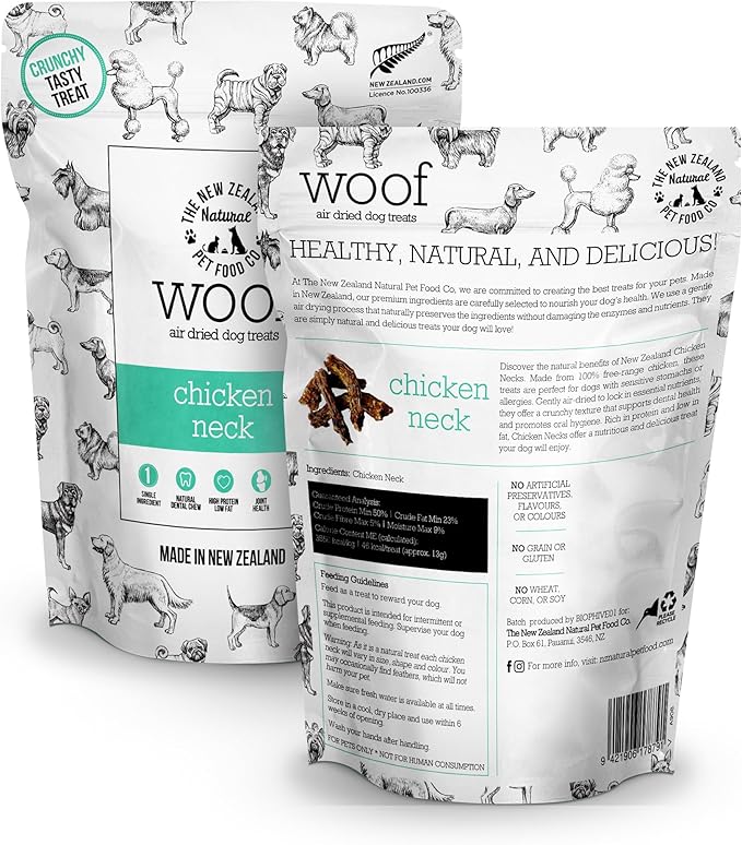 Air Dried WOOF Chicken Neck Treat - Mixer, or Topper - Air Dried, High Protein,Natural, Single Ingredient - 1.76oz-PawvioPets
