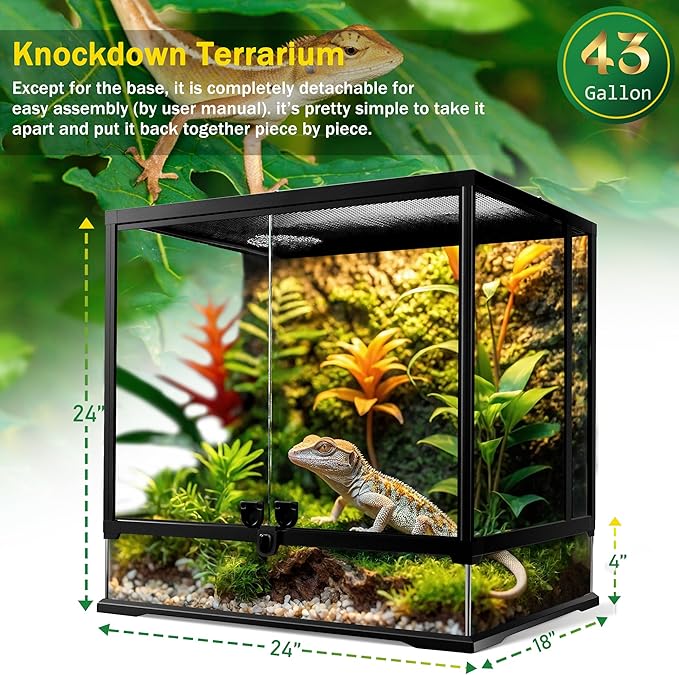 43 Gallon Professional Glass Terrarium 24"x18"x24" Durable Reptile Habitat Tank with Heat Resistant Aluminum Alloy Frame, Dual Front Swinging Doors for no Jam by Sand and Other Debris-PawvioPets