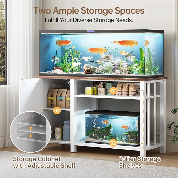 55-75 Gallon Fish Tank Stand with Power Outlet & Adjustable Shelf, Heavy Duty Aquarium Stand with Cabinet Storage for Fish Tank, Turtle Tank, Reptile Terrarium, 1000LBS Capacity, White-PawvioPets