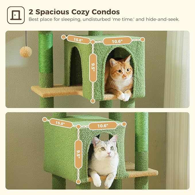 Cactus Cat Tree, 62-Inch Tall Multi-Level Cat Tower with Scratching Posts, Cat Condos for Large Indoor Cats, Plush Cat Bed w/Padded Perches, Scratching Pad & 2 Green Pompoms, Green-PawvioPets