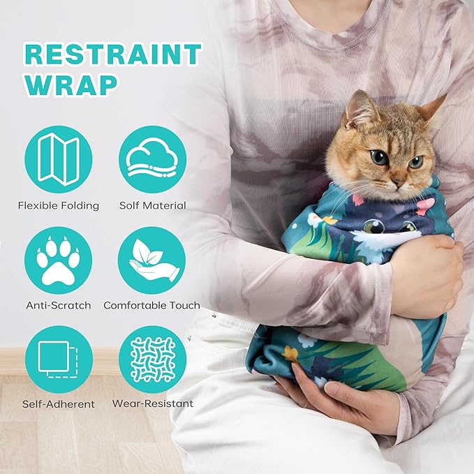 Cat Grooming Wrap, Cat Wrap for Cutting Nails, Self-Adherent Fabric Wrap for Cats, Cat Burrito Wrap Anti-Scratch, Anti-Escape, Multifunctional Swaddle Wrap Pet Tool 35.4×35.4"-PawvioPets