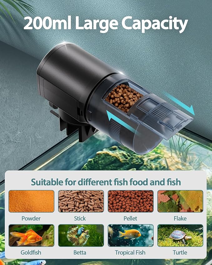 Automatic Fish Feeder Dispenser for Aquarium: 200ml Large Capacity Auto Feeders for Small Tank Turtle Betta Koi - Battery Food Feeding Timer for Flakes Pellet Vacation Weekend Day-PawvioPets
