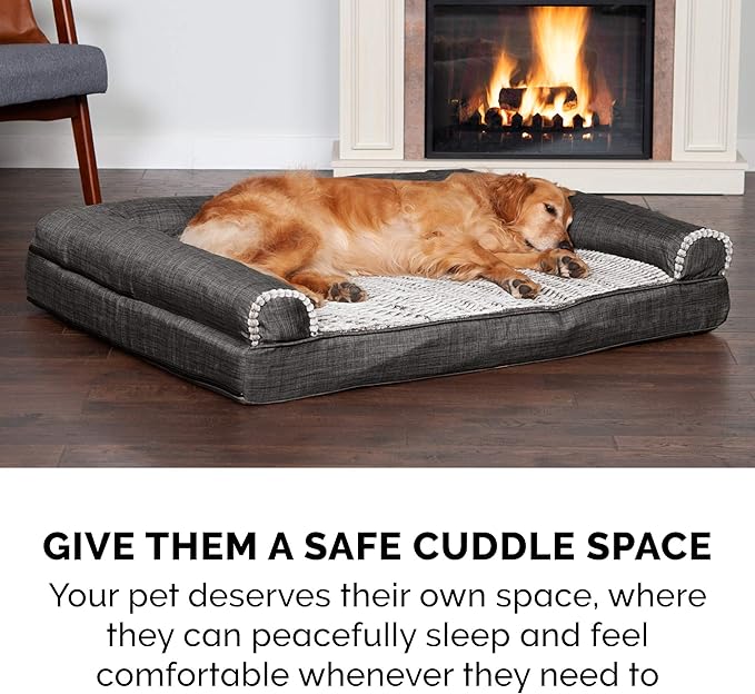 Furhaven Cooling Gel Dog Bed for Large Dogs w/ Removable Bolsters & Washable Cover, For Dogs Up to 125 lbs - Luxe Faux Fur & Performance Linen Sofa - Charcoal, Jumbo Plus/XXL-PawvioPets