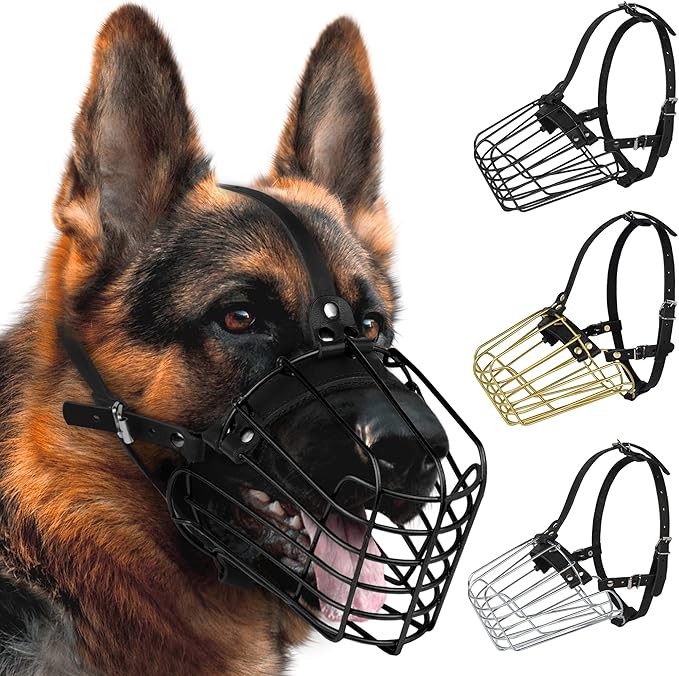 German Shepherd Dog Muzzle Metal Basket for Medium Large Dogs Adjustable Durable Leather Straps Secure Wire Mask for Biting Chewing Barking (Black, M - Size)-PawvioPets
