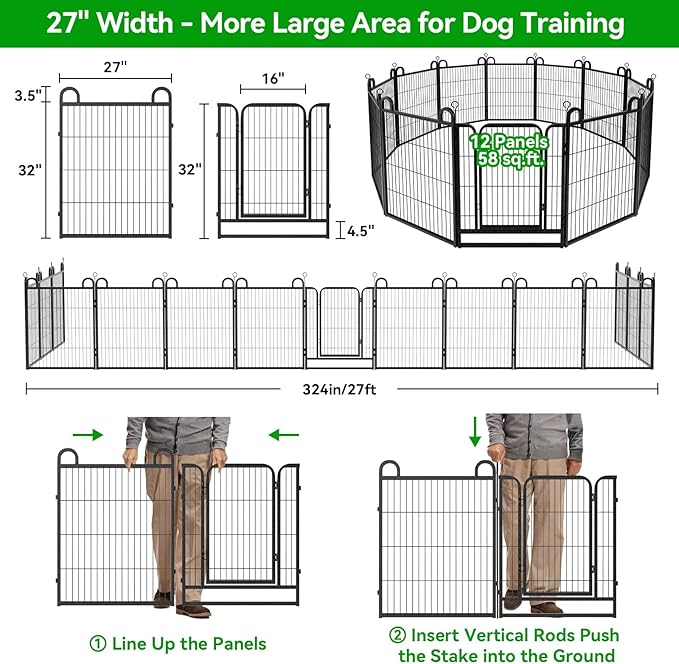 Dog Playpen Outdoor 12 Panels Heavy Duty Dog Fence 32" Height Anti-Rust with Doors Portable for RV Camping Yard, Total 27FT, 58 Sq.ft, Snowy Black-PawvioPets