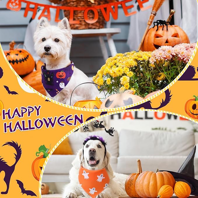 Abbylike 50 Pcs Halloween Dog Bandanas Bulk Pumpkin Bandanas for Dogs Triangle Kerchief Bibs Scarf Set for Pet Halloween Costume Photo Props Accessories Pet Shops, 25 Styles (25.6 x 17.7 x 17.7")-PawvioPets