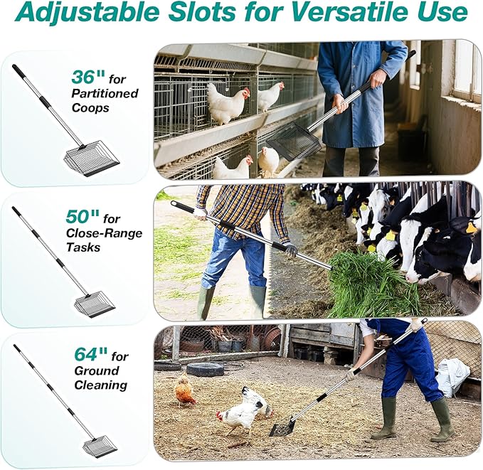 Adjustable Chicken Poop Scooper, Heavy Duty Stainless Steel Chicken Rake with 3-Slot Pole, Multi-Use Pet Waste Shovel & Hay Scooper - 36"/50"/64" Length-PawvioPets