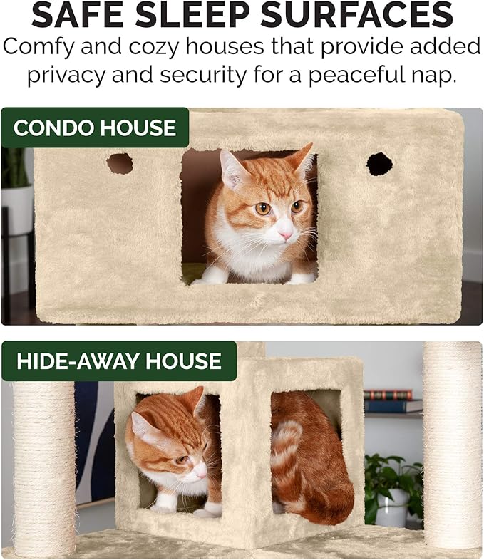 Furhaven 69.3" Tall Cat Tree for Indoor Cats, Ft. Sisal Scratching Posts, 2x Cat Condos, & Toys - Tiger Tough Double Decker Interactive Playground Tower - Cream, One Size-PawvioPets