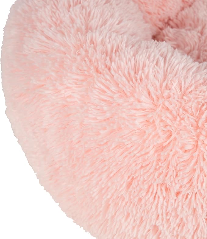 Best Pet Supplies Round Donut Dog Bed with Plush Faux Fur Fabric, Calming, Anti-Anxiety Cushion for Indoor Pets, Slip-Resistant Base, Soft Ergonomic Support - Pink, 30x30x8''-PawvioPets