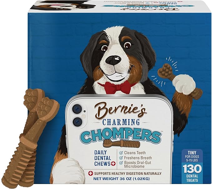 Bernie's Charming Chompers - Daily Dental Chews for Dogs - Cleans Teeth, Freshens Breath, + Boosts Oral-Gut Microbiome. Easy to Digest, Supports Healthy Digestion Naturally (36 oz, Tiny Dogs)-PawvioPets
