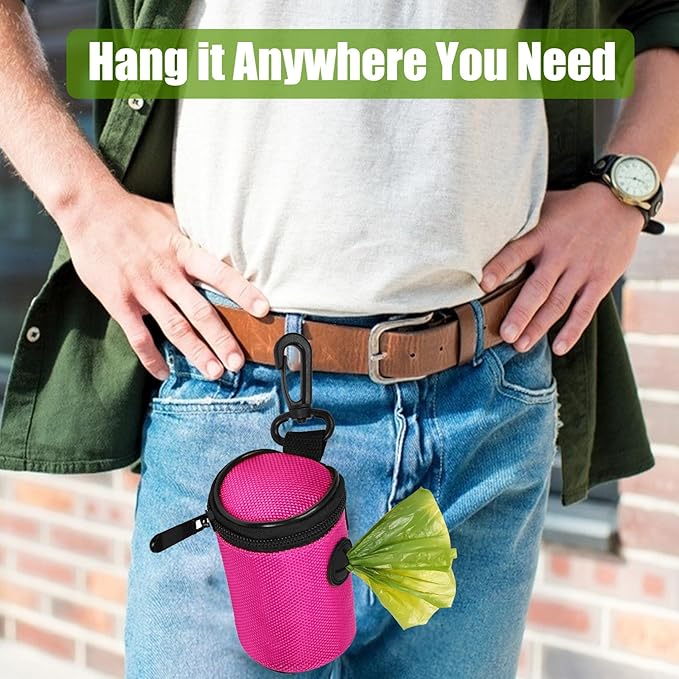 Dog Poop Bag Dispenser for Leash Attachment - Portable Set With Waste Bags & Hand-Free Carrier, Fits Any Leash, Round, Pink-PawvioPets