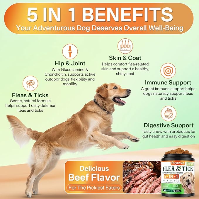 5-in-1 Dog Flea and Tick Treatment Chewable, Natural Flea and Tick Prevention for Dogs Chewable - Flea & Tick | Hip & Joint | Skin & Coat | Immunity Support | Digestive for All Breeds & Sizes-PawvioPets