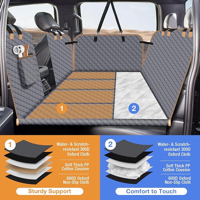 Dog Car Seat Cover for Back Seat, Dog Car Bed Cover with Strong Hard Bottom, Car Back Seat Extender Hammock for Car SUV Truck 4 Panels Gray Color Large Size-PawvioPets