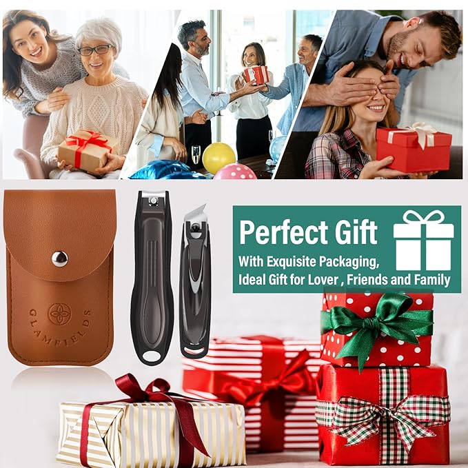 GLAMFIELDS Nail Clipper with Catcher, Large Fingernail Toenail Clipper,Slanted Edge Nail Clippers Leather Case Packed Good Gift for Men and Women 2PACK Large/Small-PawvioPets