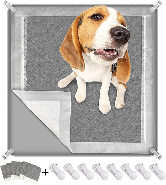 Dog Pee Pad Holder, Puppy Pad Holder Tray for 24'' x 24'' Training Pads, 15pcs Dog Potty Tray Set Include High Edge Silicone Mat & 6 Activated Charcoal Disposable Puppy Pads & 8 Holder Clamps-PawvioPets