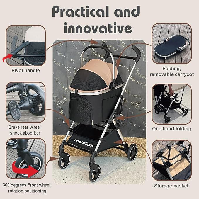 3-in-1 Small Pet Carrier with Stroller for Small Dogs & Cats Under 20 lb – Removable Carrier Converts to Car Seat – Lightweight, One-Hand Fold, No-Zipper Entry-PawvioPets