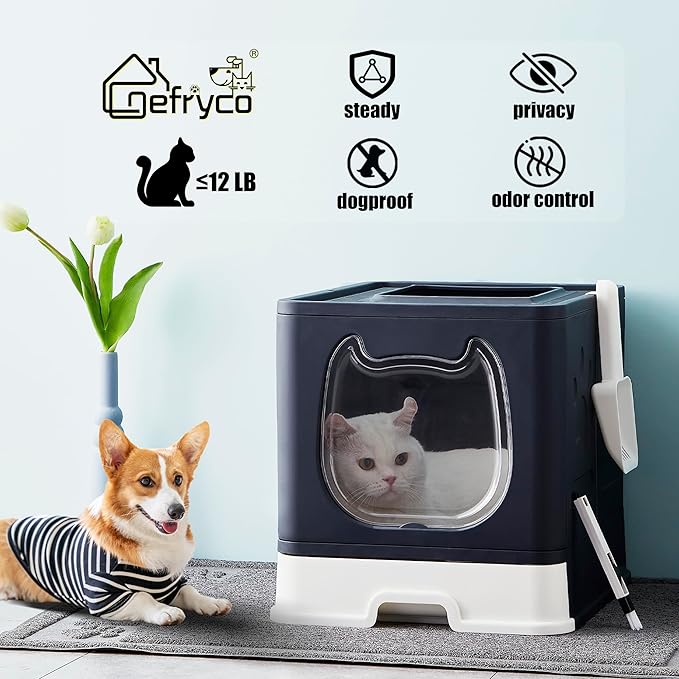 Gefryco Litter Box with Lid for Small to Medium Cats, Enclosed Cat Litter Box with Cover，High Sided Top Entry Cat Box with Brush and Scoop, Cute Kitty Litter Pan with Drawer for Growing Kitten(Black)-PawvioPets