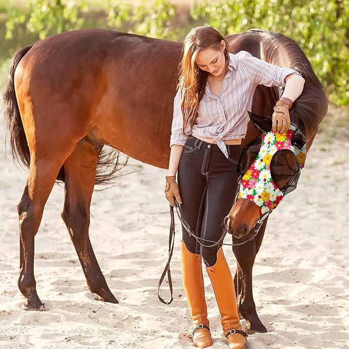 Frienda 4 Pieces Horse Fly Masks with Ears Face Covering UV Protection from Insect Pests Elasticity Smooth Comfortable Mesh Horse Mask Accessories(Flower,Medium)-PawvioPets