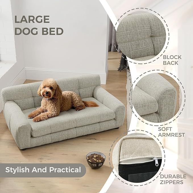 Dog Couch Bed, Mini Sofa for Dogs with Backrest and Armrest, Durable Pet Sofa with Soft Foam Cushion, Elevated Dog Couch Bed with Legs for Medium and Large Dogs, Beige-PawvioPets