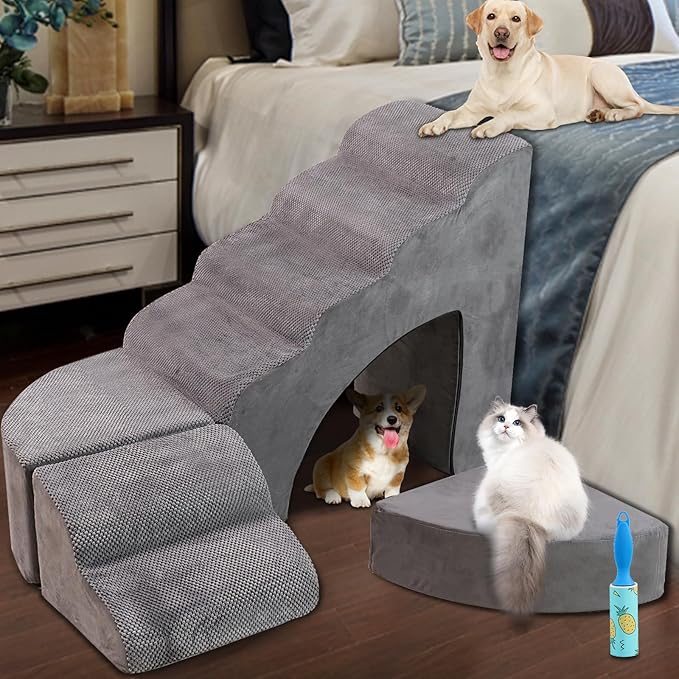 Foam Dog Stairs & Steps Ramps for High Beds 30 inches Tall for Small Dogs and Cats, LitaiL 6 Step Pet Stairs Steps for High Beds 30 inch Large Dogs, Non-Slip Dog Ramps for Older Cat-PawvioPets