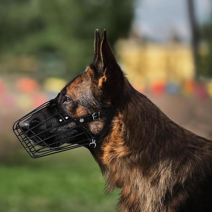 German Shepherd Dog Muzzle Metal Basket for Medium Large Dogs Adjustable Durable Leather Straps Secure Wire Mask for Biting Chewing Barking (Black, L - Size)-PawvioPets
