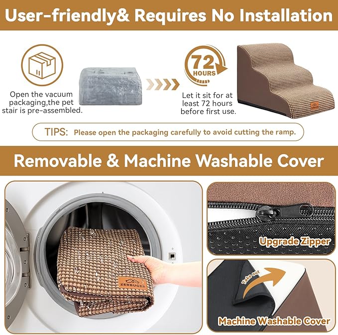 Dog Ramp and Stair for Bed 16" H-20 H,3-Step Cat Stair for Sofa and Chair,4-Step Dog Ramp for High Bed and Window,Durable Nonslip Fabric Cover for Indoor (Coffee-16 H, Pet Friendly, 3)-PawvioPets