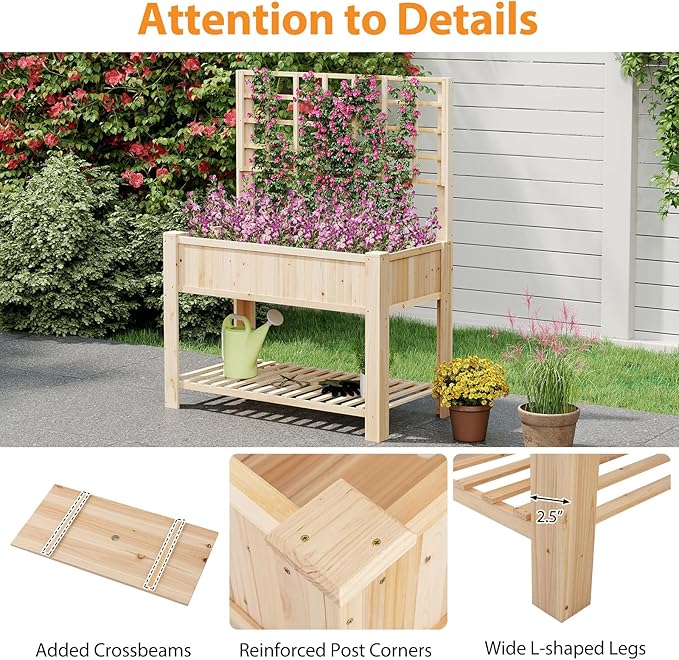Giantex Raised Garden Bed with Trellis, Wooden Elevated Planter Box with Legs, Drainage Holes for Climbing Plants Vines Vegetables Flowers Herbs, Outdoor Horticulture Planter for Patio Yard-PawvioPets
