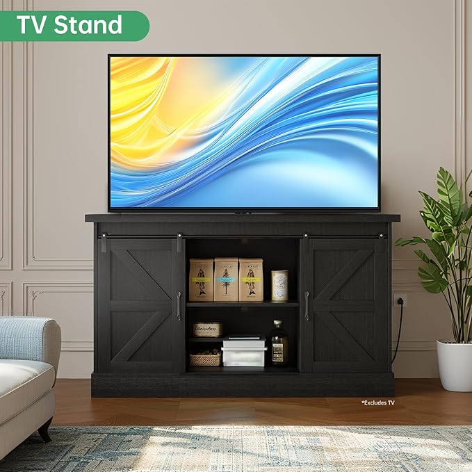 Fish Tank Stand Up to 75 Gallon, Aquarium Stand with Sliding Barn Doors & Power Outlet, Black Farmhouse Style Stand with Cabinet Storage for Fish Tank, Turtle Tank, Reptile Terrarium,1000LBS Capacity-PawvioPets