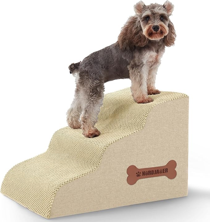Dog Stairs 3-Step for Small Dogs and Cats to Get on Bed and Furniture/Windows, Pets Can Climb, Sit, or Perch to Look Out Windows, Extra Wide Dog Steps, Non-Slip Waterproof Fabric Cover, Beige（15.7" H）-PawvioPets