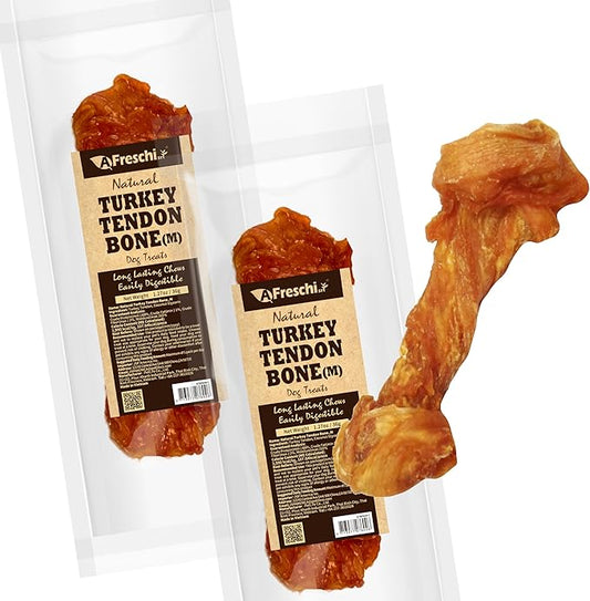 Afreschi Natural Turkey Tendon Bone (M) Pack of 2, Dog Treats for Signature Series, All Natural Human Grade Puppy Chew, USA-Sourced Turkey Tendon, Hypoallergenic, Rawhide Alternative-PawvioPets