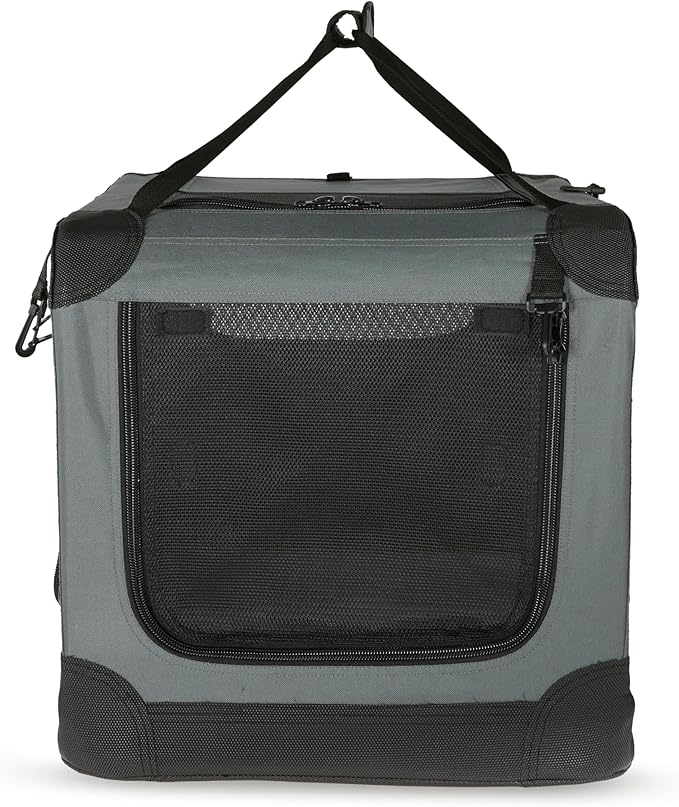 Amazon Basics 4-Doors Portable Soft-Sided Folding Travel Crate Kennel for cat, Dog, and Other Small Animals, Grey, S 26" x 18" x 18"-PawvioPets