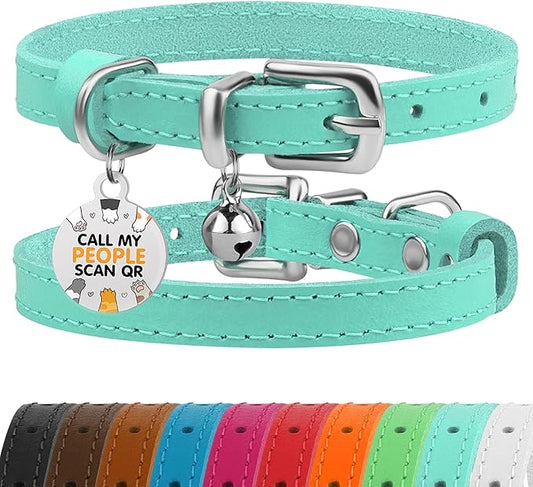 BRONZEDOG Leather Cat Collar with Removable Bells Non Breakaway Kitten QR Tag for Girl Boy (7" - 9" for Cats, Turquoise & Silver)-PawvioPets