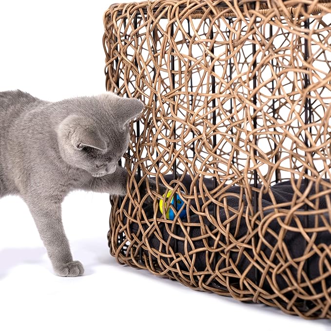 Fun Stackable Cat Condo for Indoor Cats - Interactive Play Faux Rattan Cat House for Indoor Cats Kitty, Pet Friendly Top/Side House Entry, Cat Bed Enclosed-PawvioPets