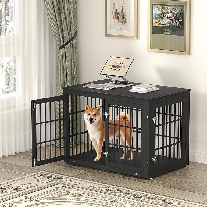 38 Inch Heavy Duty Dog Crate Furniture for Large and Medium Dogs, Decorative Pet House End Table, Wooden Cage Kennel Furniture Indoor, Black-PawvioPets