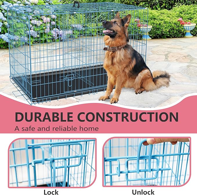 FDW Dog Crate for Large Dogs 48 Inch Folding Metal WirePet Cage Double Door W/Divider Panel Indoor Outdoor Kennel Leak-Proof Plastic Tray,Blue-PawvioPets