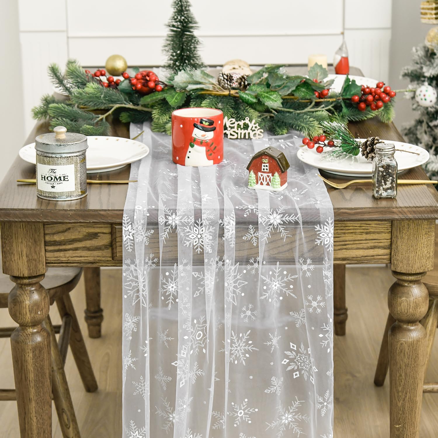 Artoid Mode Silver Snowflakes Christmas Gauze Table Runner 120 Inch 10FT, Seasonal Sheer Winter Kitchen Dining Holiday Wedding Table Decor for Home Party