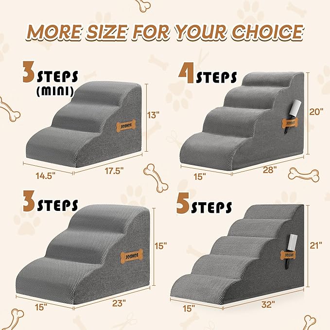 Dog Stairs, Romrol Dog Steps Ramp for High Bed and Couch, Dogs Ramp with Durable Non-Slip Waterproof Fabric Cover, Pet Stairs for Small Dogs and Cats or Pets Joints, 4-Tiers,Grey-PawvioPets