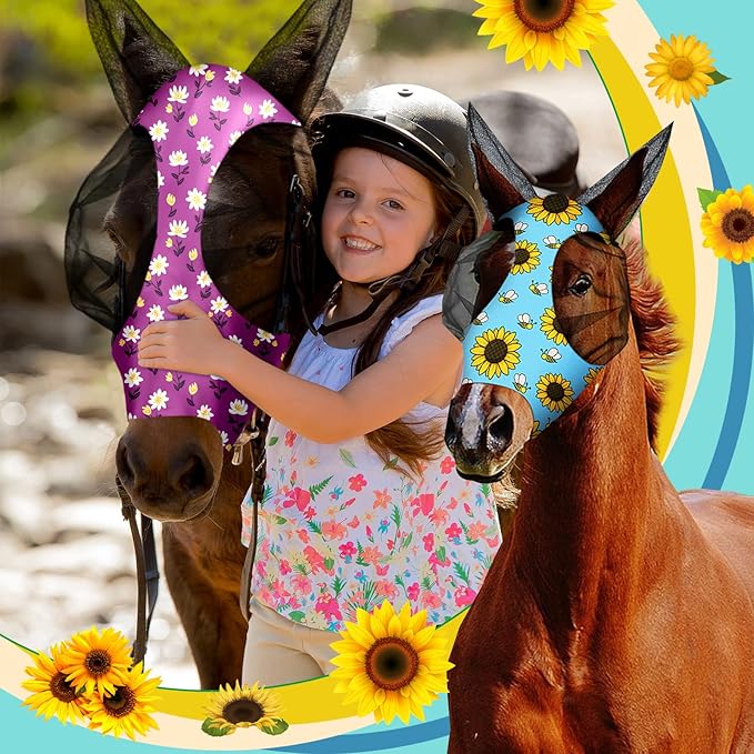 Frienda 4 Pieces Horse Fly Masks with Ears Face Covering UV Protection from Insect Pests Elasticity Smooth Comfortable Mesh Horse Mask Accessories(Flower,Medium)-PawvioPets