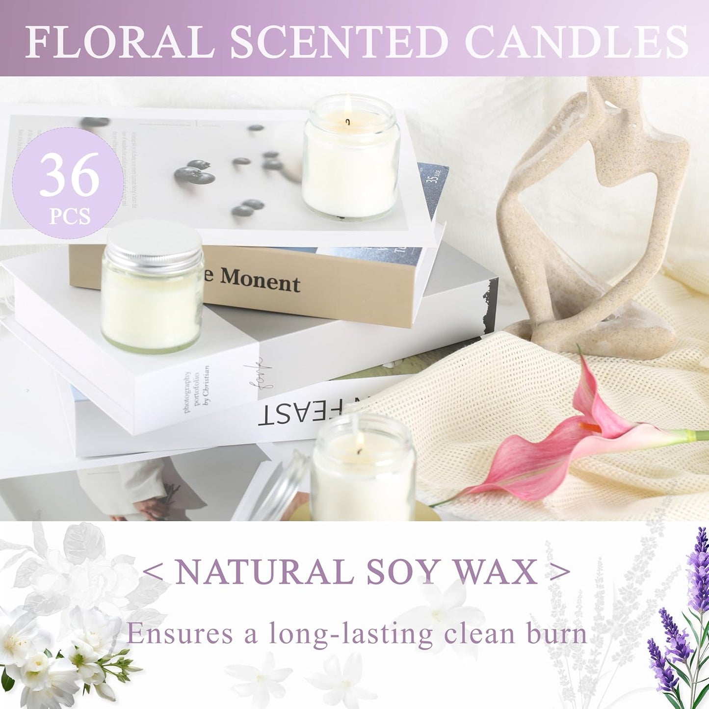 ACITHGL 36 Pcs 4oz Mini Mason Jar Candles Small Scented Candles Bulk Aromatherapy Ideal Souvenir Favors for Wedding Birthday Party (Freesia, Lavender, Jasmine, Silver)