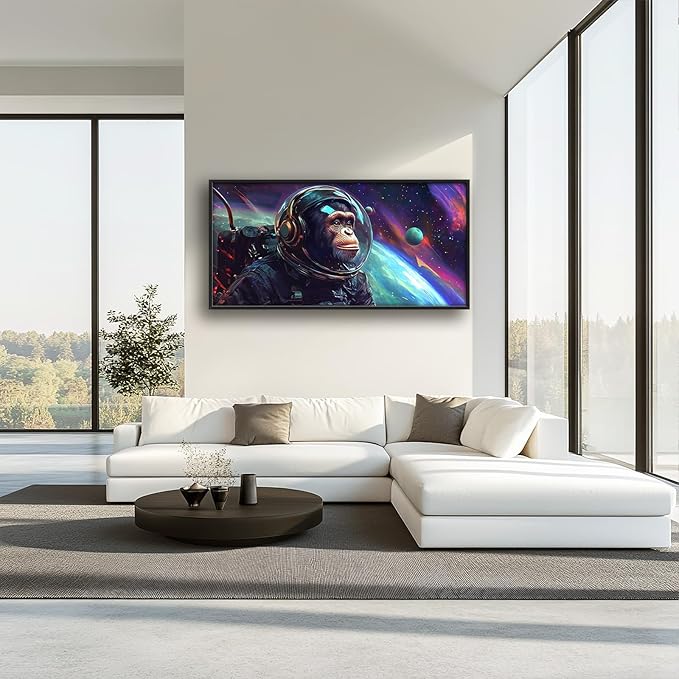 Framed Large Monkey Astronaut Wall Art, Oversized Chimpanzee Spacemen Wall Decor for Living Room, Outer Space Canvas Painting Pictures Modern Artwork for Living Room Bedroom Office 60"x30"-PawvioPets