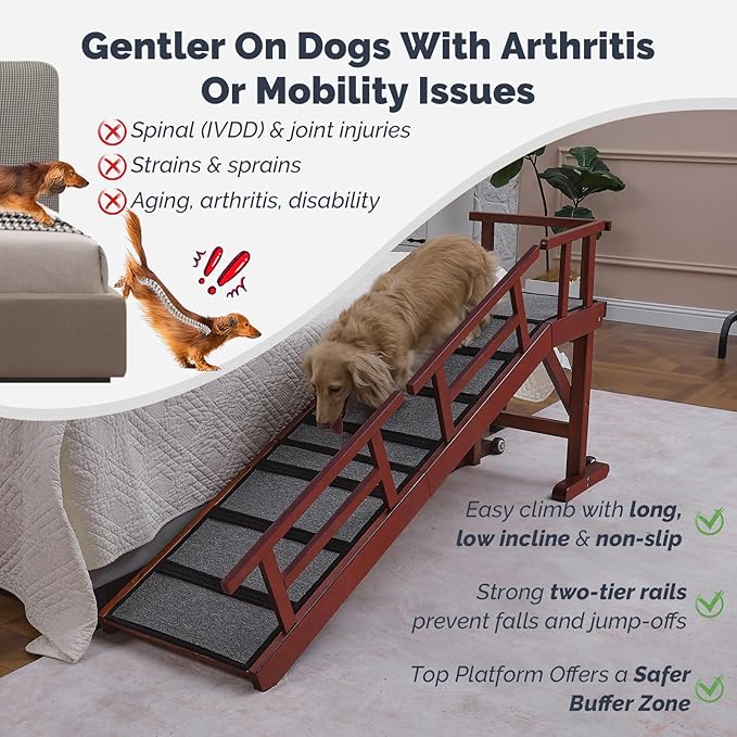 Dog Ramp for Bed or Couch, Wooden Pet Ramp with 20° Gentle Slope, Removable Side Rails, Non-Slip Surface, Top Platform & Wheels, Safe Bed Ramp for Small, Medium & Senior Dogs, 60" Long, Mahogany-PawvioPets