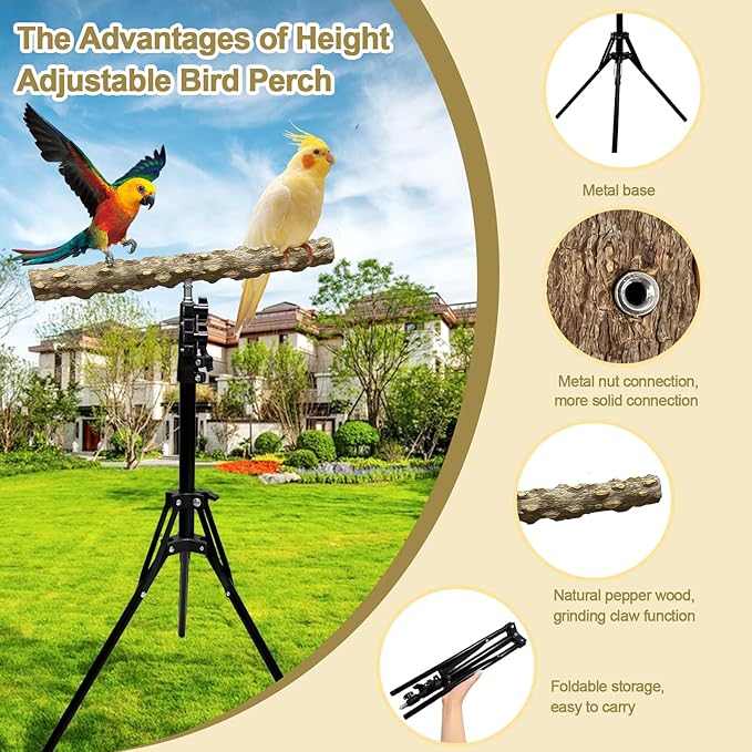 16-63 Inch Height Adjustable Bird Perch Pepper Wood Bird Training Perch Stand Parakeet Perches Indoor and Outdoor Parrot Stands for Small to Medium Bird-PawvioPets