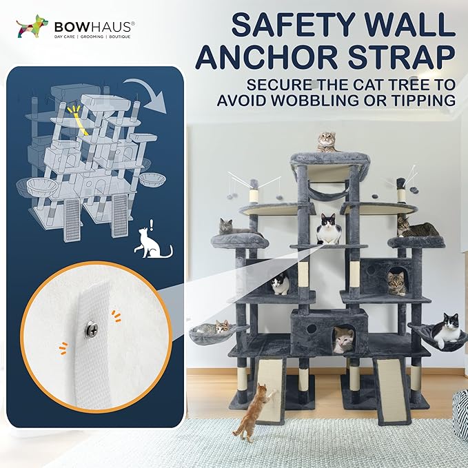 Extra Large 80-Inch Tall Cat Tree w/Widened Perch for Large Cats, Big Cat Tower Indoor, Modern Multi-Level Activity Tower with Scratching Posts, Condos, Baskets, Hammock, Scratching Ramps-PawvioPets