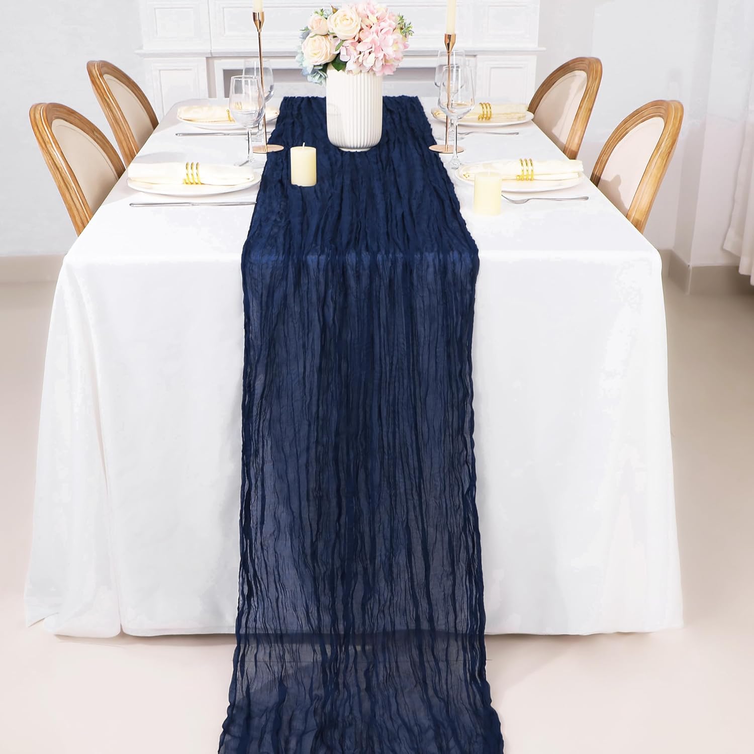 Snowkingdom 6PCS 13Ft Navy Blue Cheesecloth Table Runner, 160inch Long Cheese Cloth Boho Gauze Runner for Wedding Bridal Baby Shower Birthday Holiday Party Sheer Table Decorations