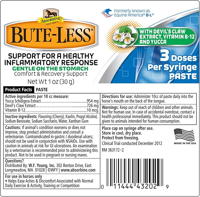 Absorbine Bute-Less Long-Term Horse Comfort & Recovery Supplement Paste, Gentle on Stomach, Devil’s Claw, Vitamin B-12, Yucca, 1oz Syringe / 3 Doses-PawvioPets